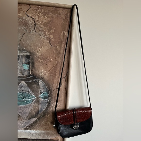 Vintage One World BRIGHTON ChocBrown Croc-Embossed & Black Leather Crossbody Bag - Picture 1 of 15